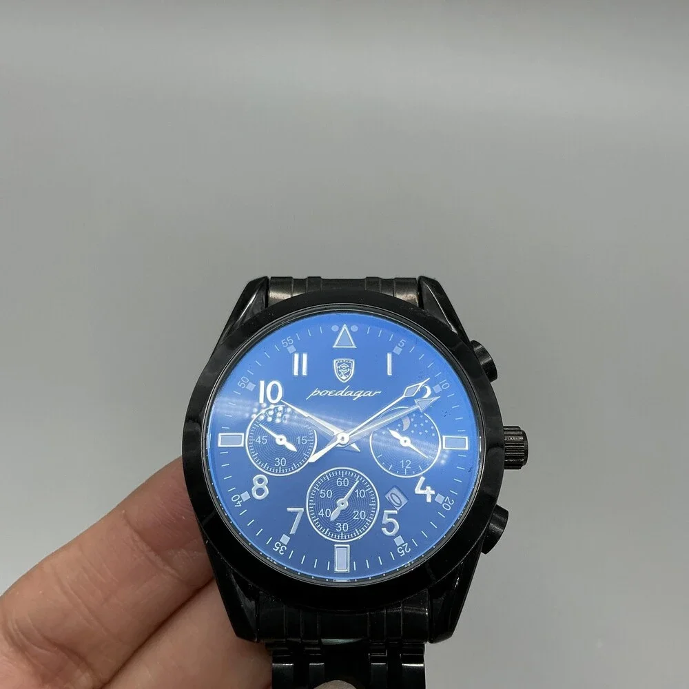 Poedagar Mens Watch 40mm Blue Dial Black Stainless Faux Chrono P318 7.75